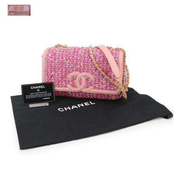 Exhibited Chanel CC Filigree Chain Shoulder Bag Tweed Leather Pink A93340 - Picture 1 of 9